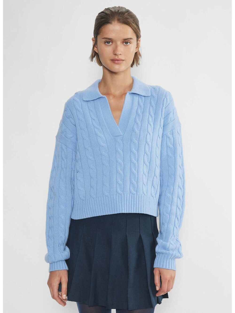 Aritzia Sunday Best Lottie Cable Knit Polo Sweater Cornflower Blue Small